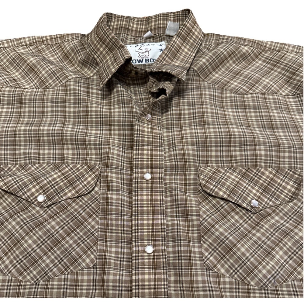 Crazy Cowboy Western‎ Shirt Mens XL Brown Plaid Pearl Snap Short Sleeve